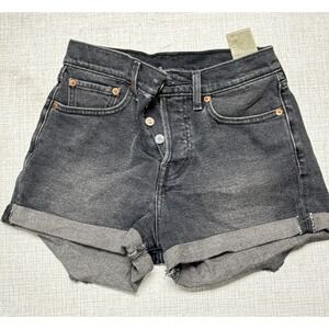 Levi's Black Denim Jean Shorts W Size 27 Button Fly Cuffed Leather Tag Stretch‎